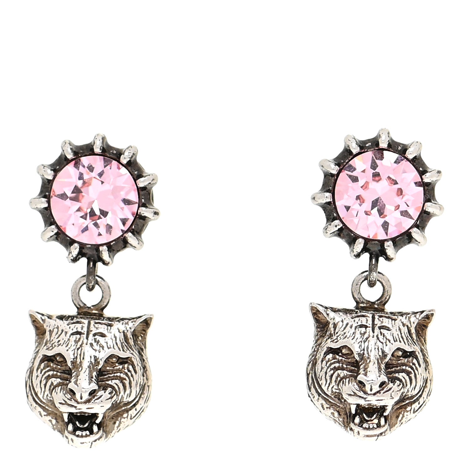 Gucci Metal Crystal Feline Earrings Aged Silver Pink 1 of 6