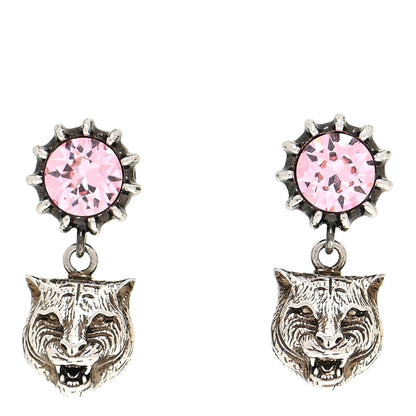 Gucci Metal Crystal Feline Earrings Aged Silver Pink 1 of 6