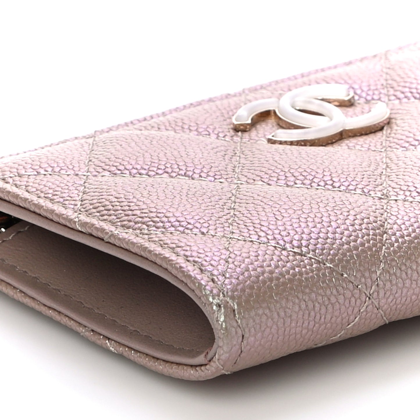 Iridescent Caviar Quilted Zipped Key Holder Case Beige