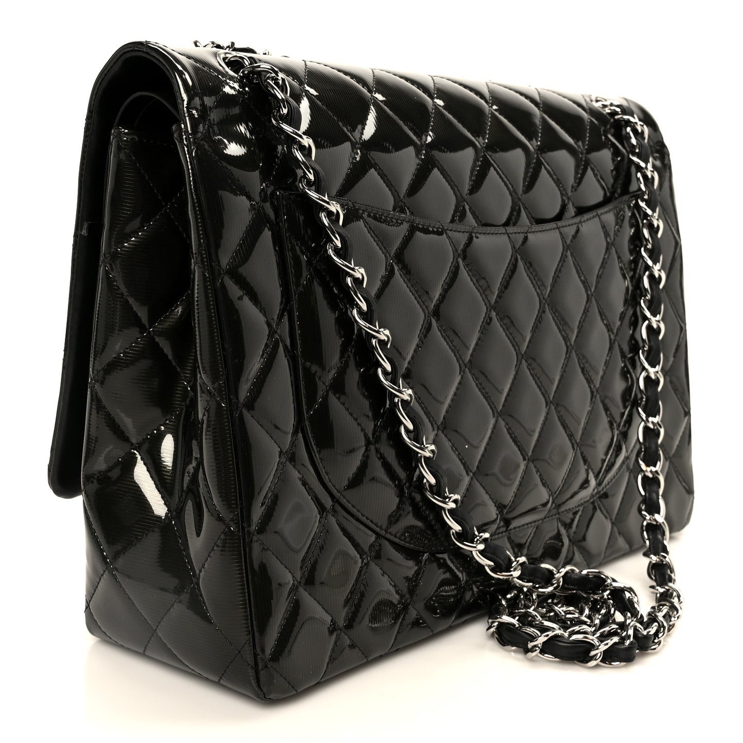 Striated Patent Quilted Maxi Double Flap Black