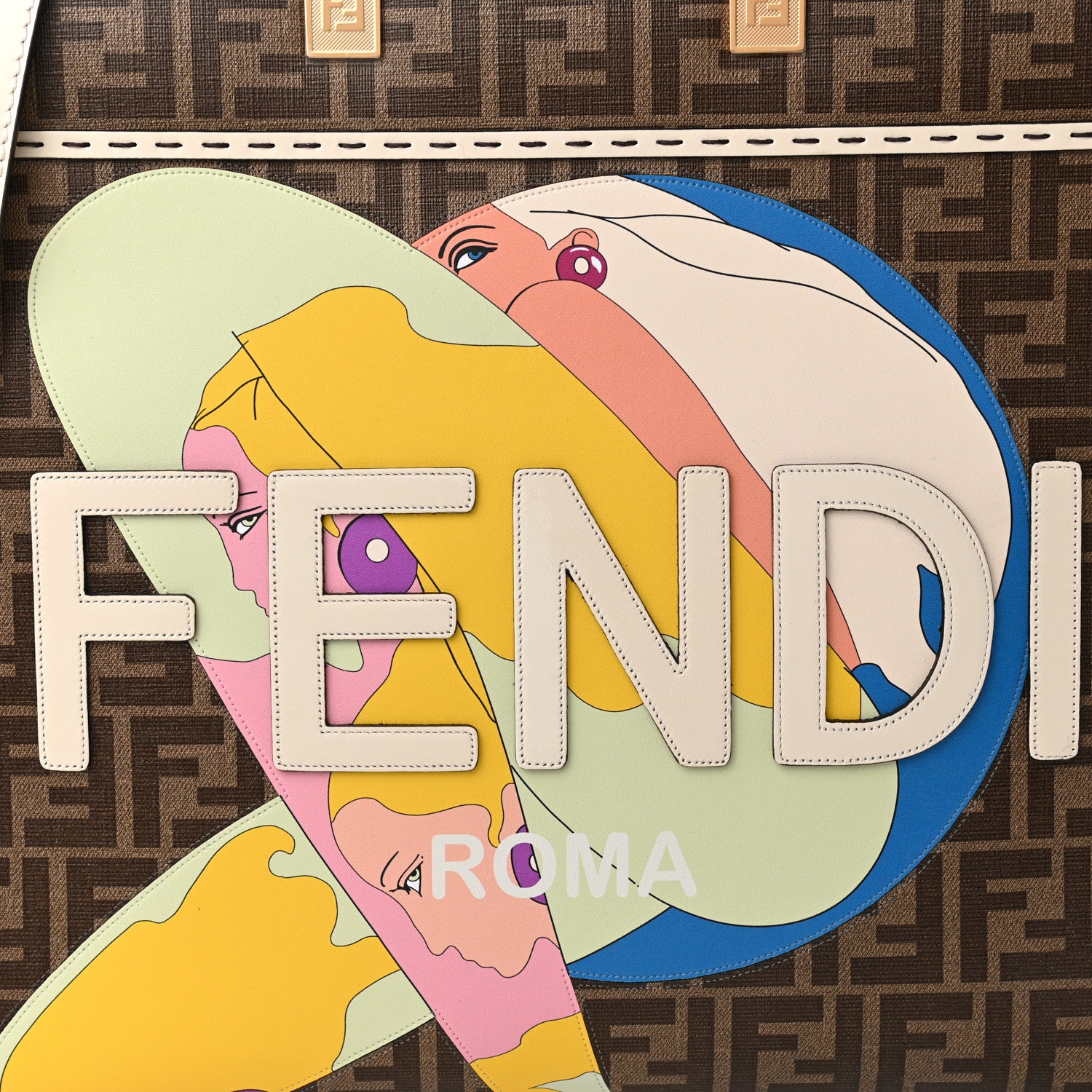 Fendi Glazed Fabric Vitello King Plexiglass FF 1974 Logo Hairdo Girls Inlay Medium Fendi Sunshine Shopper Tote Mogano Panna Multicolor 7 of 9