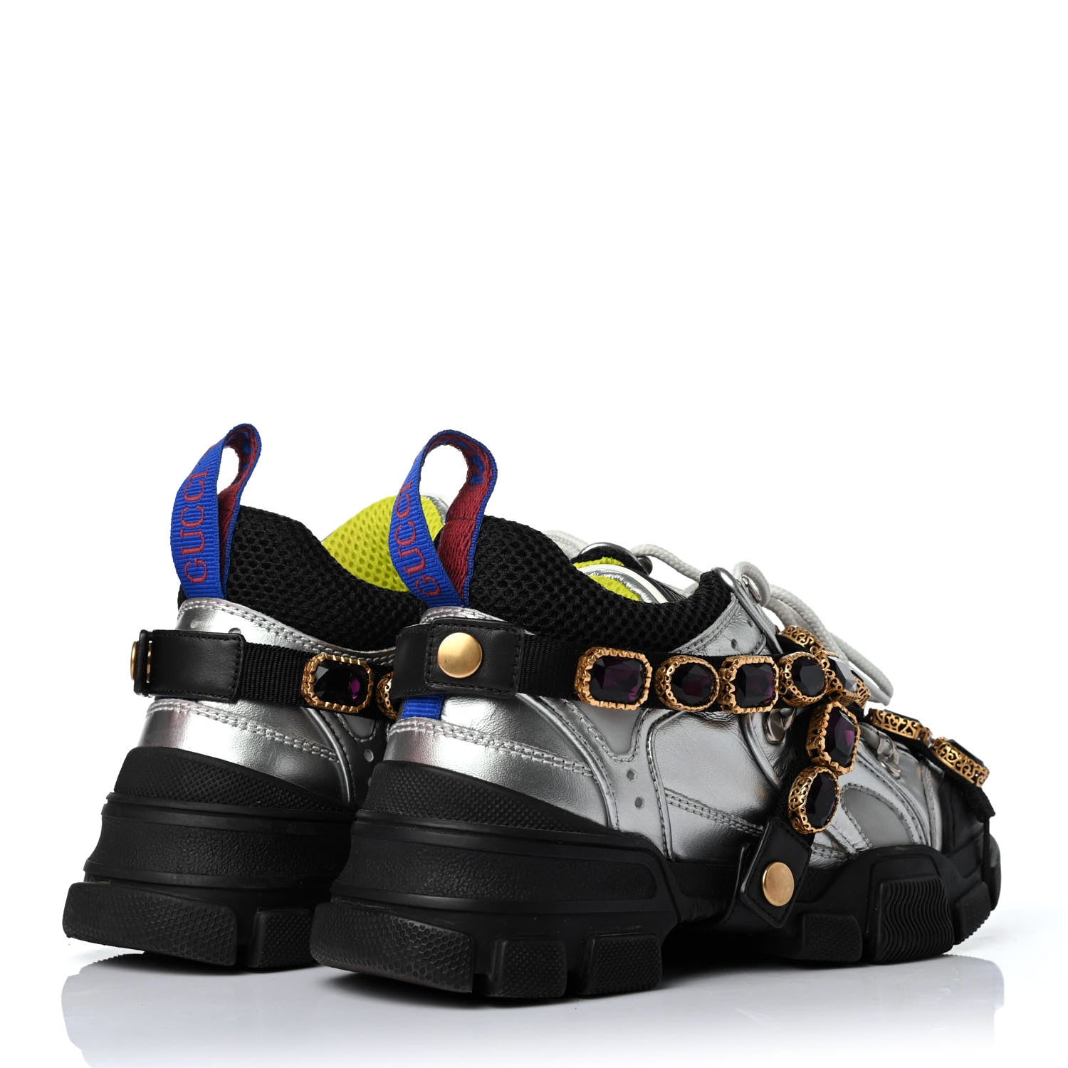 Gucci X SEGA Metallic Calfskin Mesh Removable Crystals Womens Flashtrek Sneakers 35 Silver Black 3 of 4