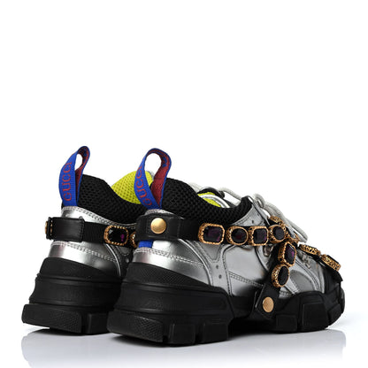 Gucci X SEGA Metallic Calfskin Mesh Removable Crystals Womens Flashtrek Sneakers 35 Silver Black 3 of 4