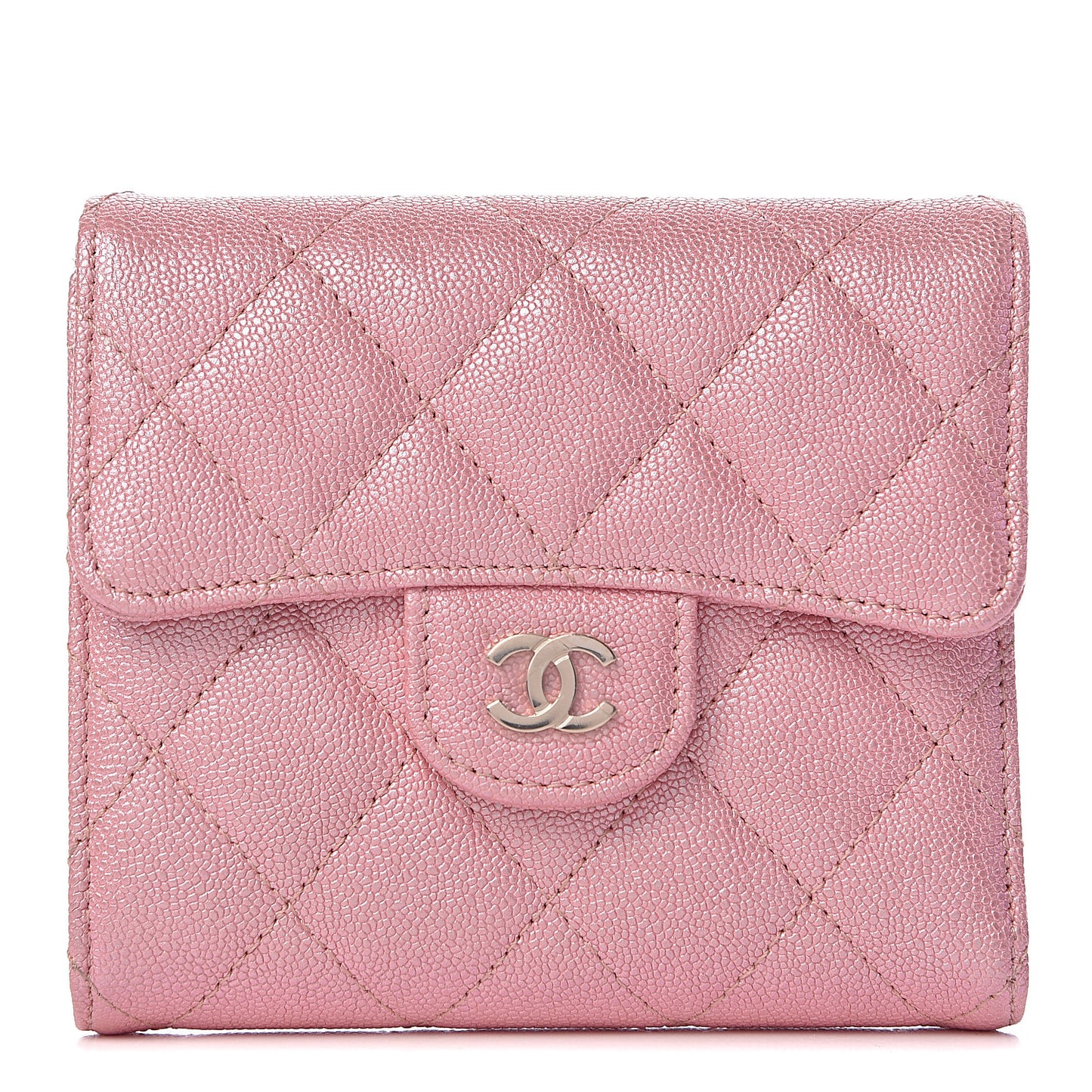 Iridescent Caviar Quilted Compact Flap Wallet Pink