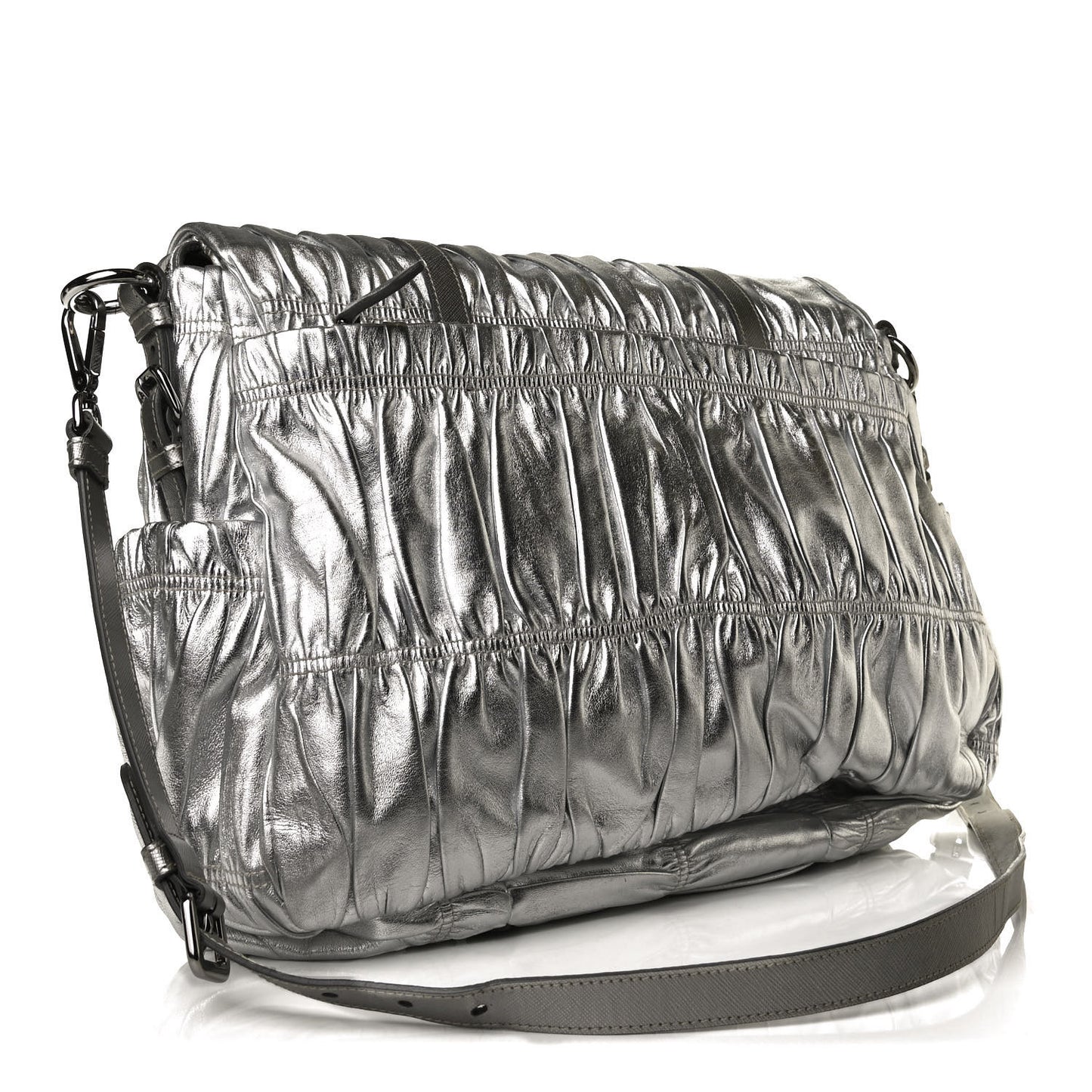 Metallic Nappa Gaufre Messenger Tote Silver
