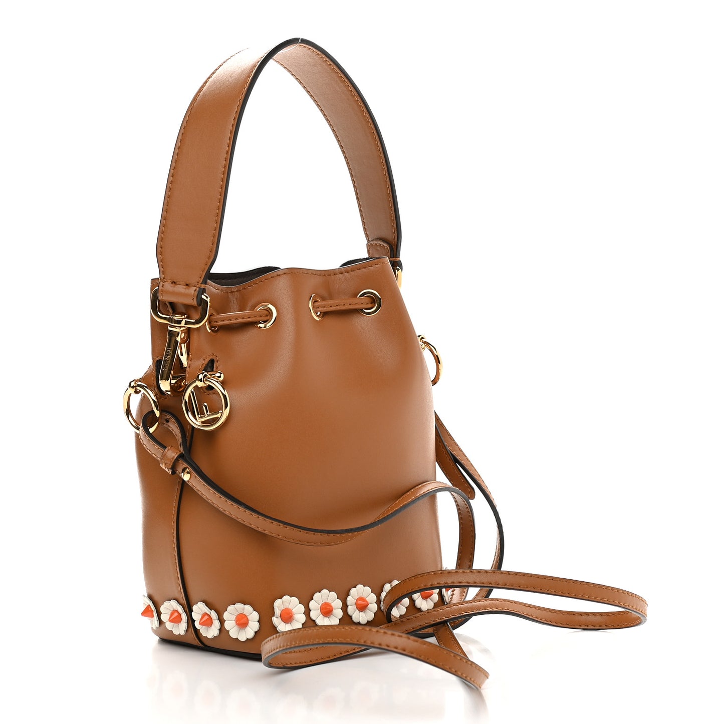 Vitello Liberty F is Fendi Floral Embellished Mini Mon Tresor Bucket Bag Caramello