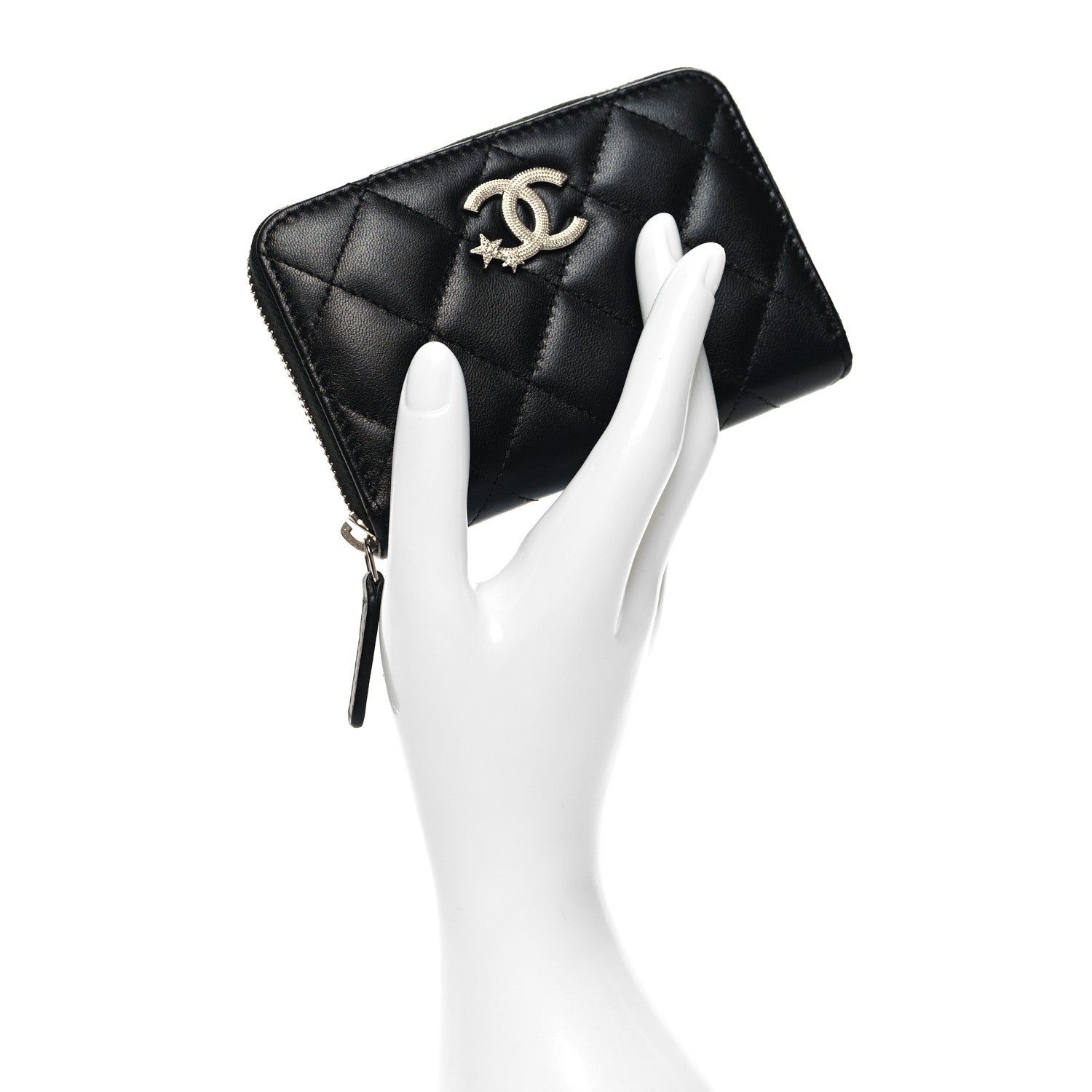 Chanel Lambskin Crystal Star Quilted Studded CC Zip Around Card Holder Wallet Black 2 of 8
