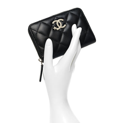 Chanel Lambskin Crystal Star Quilted Studded CC Zip Around Card Holder Wallet Black 2 of 8