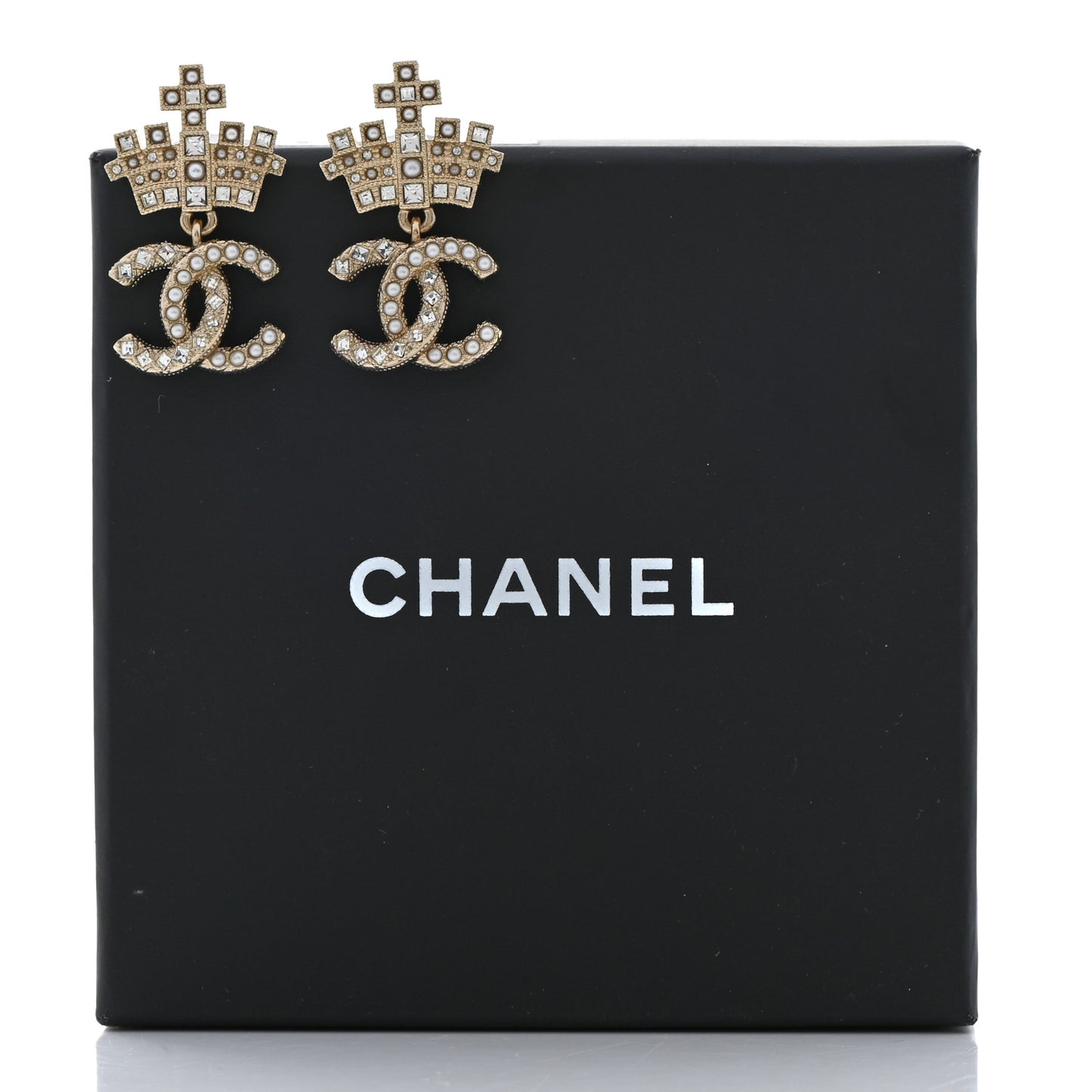 Crystal CC Crown Drop Earrings Gold