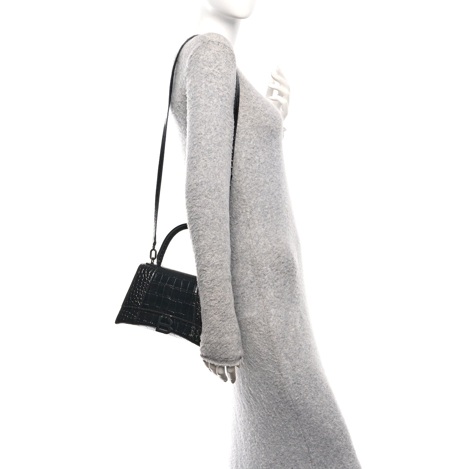 Balenciaga Shiny Calfskin Monochrome Crocodile Embossed Small Hourglass Top Handle Bag Black 2 of 10