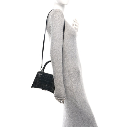 Balenciaga Shiny Calfskin Monochrome Crocodile Embossed Small Hourglass Top Handle Bag Black 2 of 10