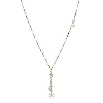 Chanel Crystal Pearl CC Moon Star Drop Necklace Gold 1 of 5