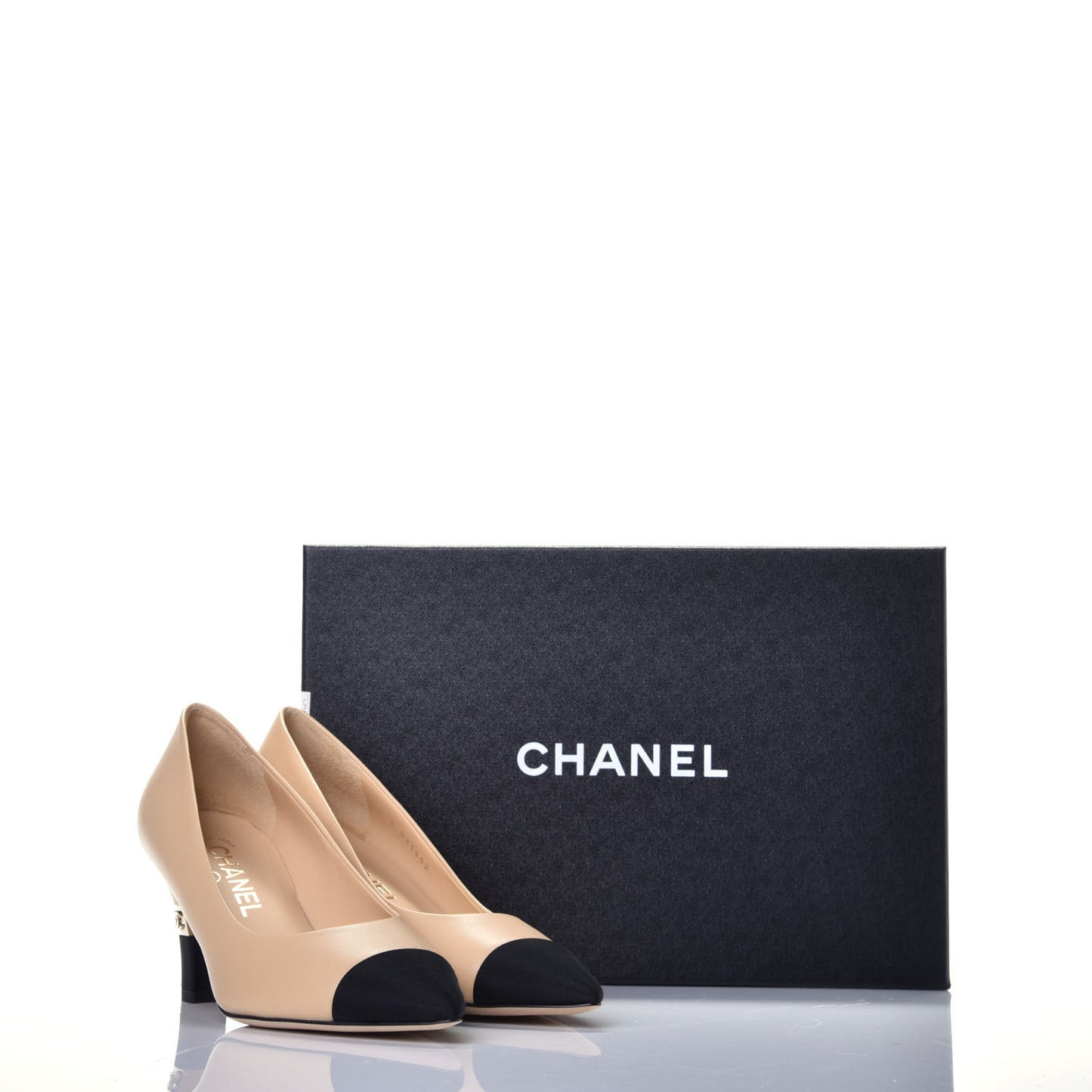 Lambskin Grosgrain Cap Toe CC Pumps 36.5 Beige Black