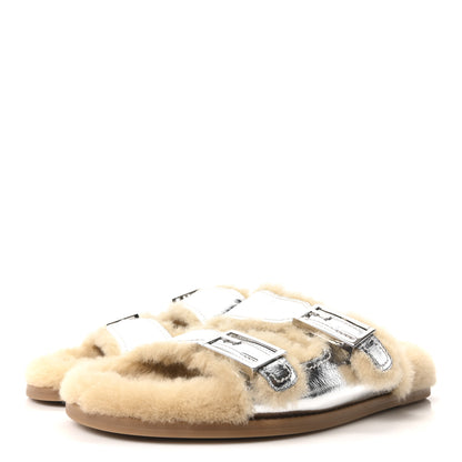 Fendi Shearling Metallic Vitello Womens FF Fendi Feel Buckled Slide Sandals 40 Argento 4 of 9