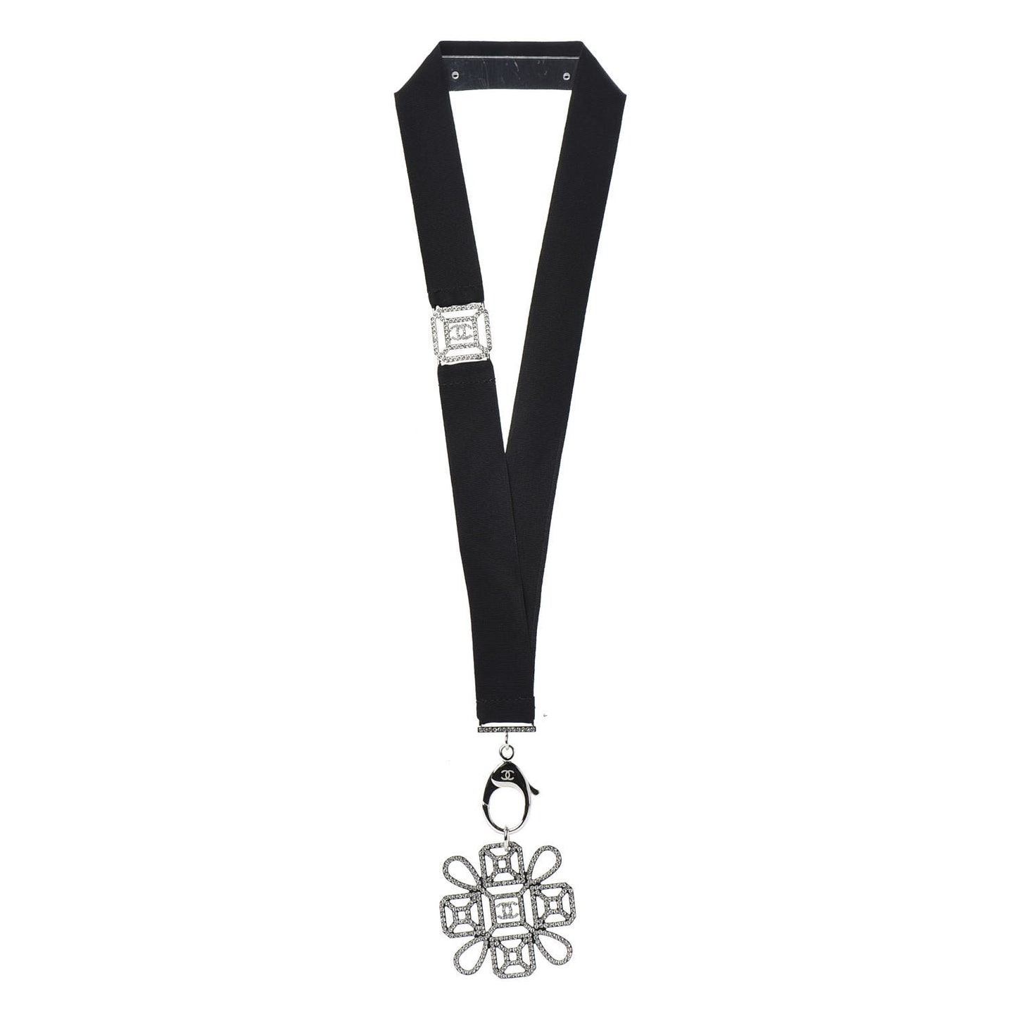 Crystal CC Cross Lanyard Necklace Black Silver