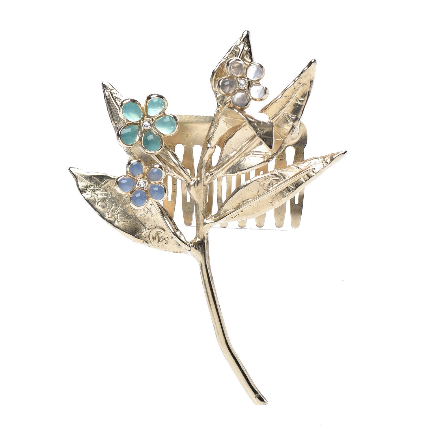 Chanel Metal Resin CC Floral Hair Comb Gold Blue Green 1 of 4