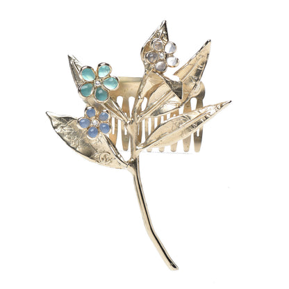 Chanel Metal Resin CC Floral Hair Comb Gold Blue Green 1 of 4