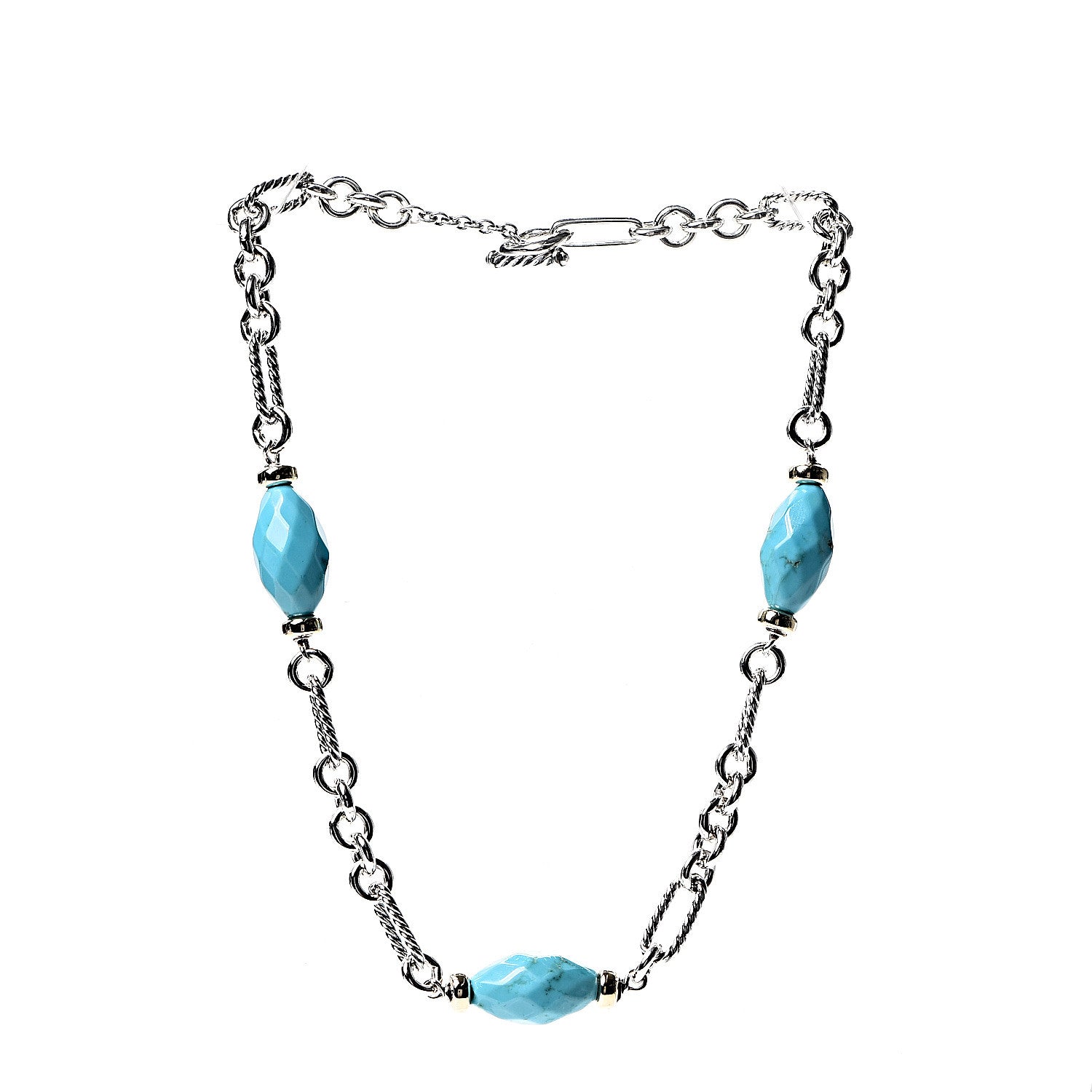 David Yurman Sterling Silver 18K Yellow Gold Turquoise Figaro Necklace 2 of 3