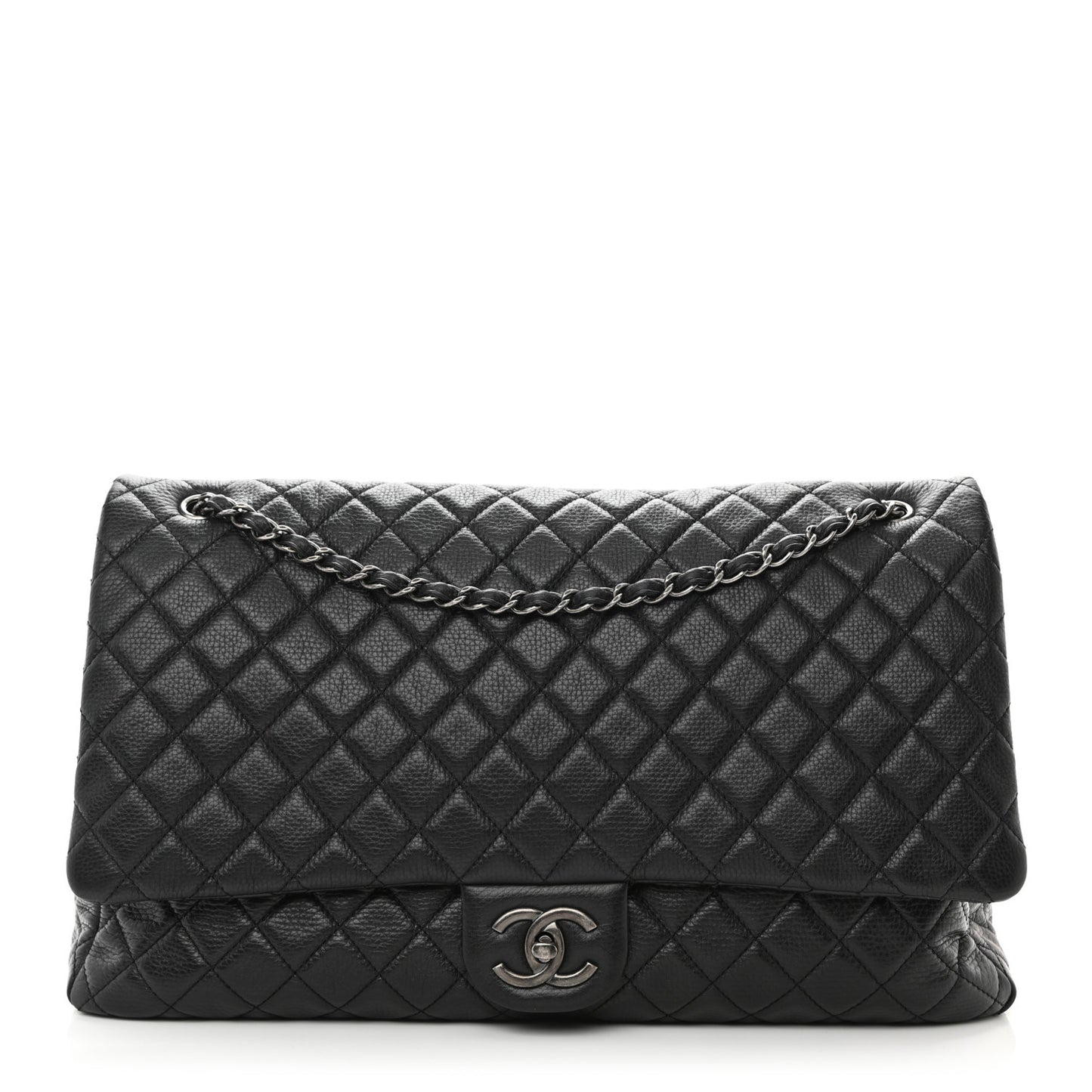 Calfskin Quilted XXL Travel Flap Bag Black