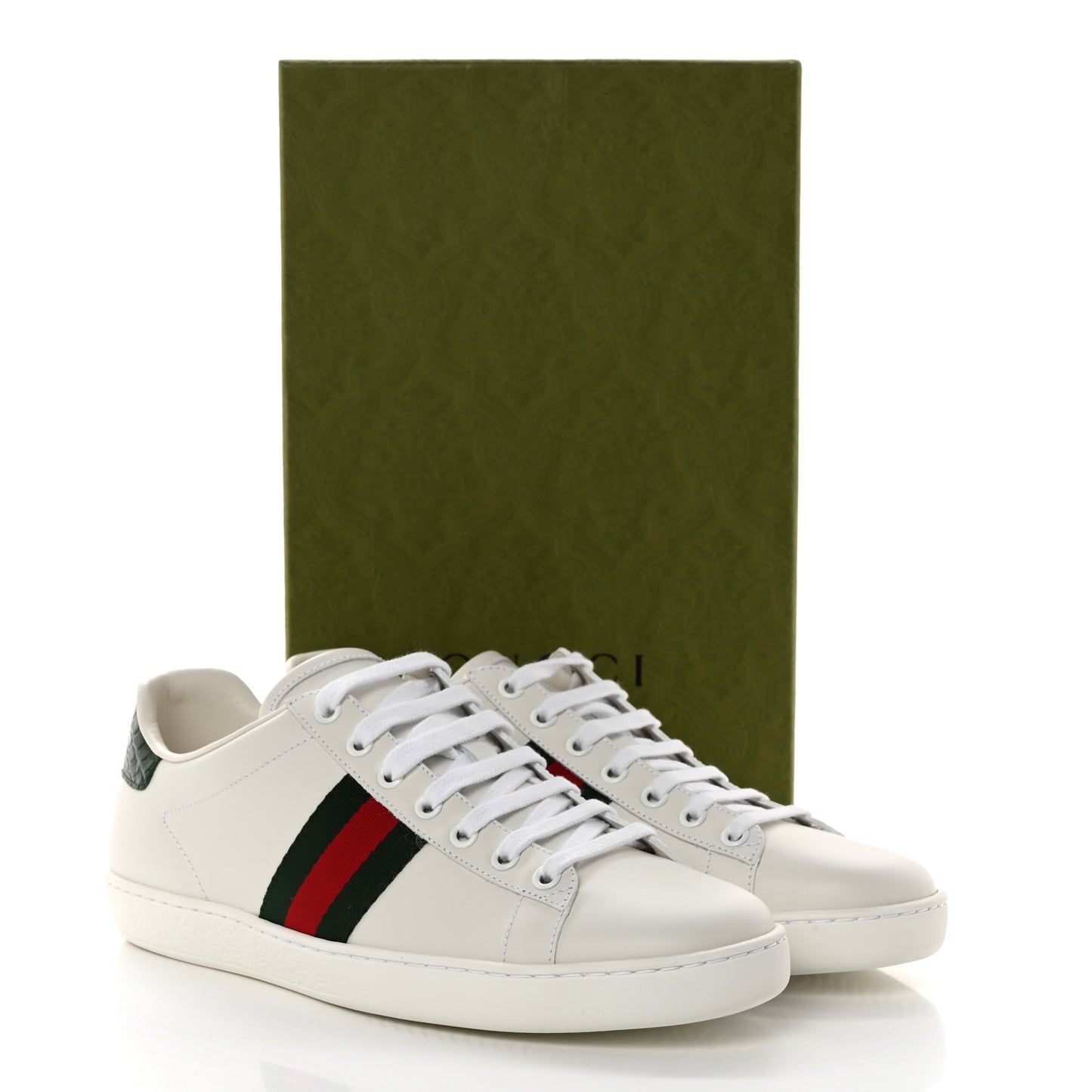 Calfskin Crocodile Web Womens Ace Sneakers 40 White Green