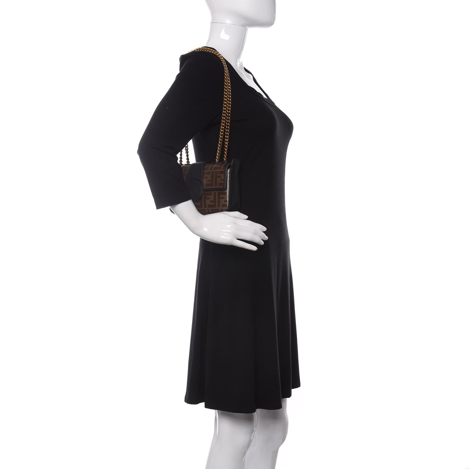 Fendi Glazed Fabric Vitello Century FF 1974 Stamp Patch Mini Double F Crossbody Bag Mogano Panna Black 2 of 12