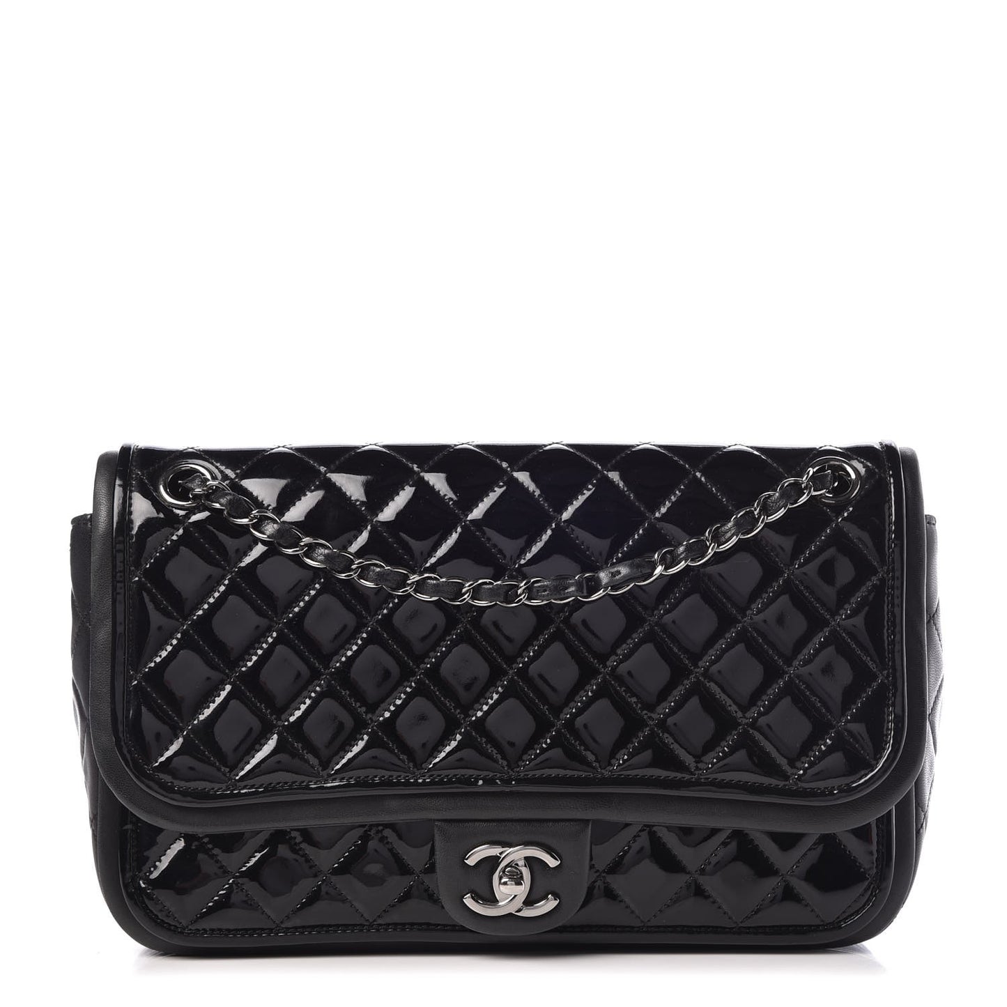 Patent Quilted Jumbo Classic Twist Flap Bag Black