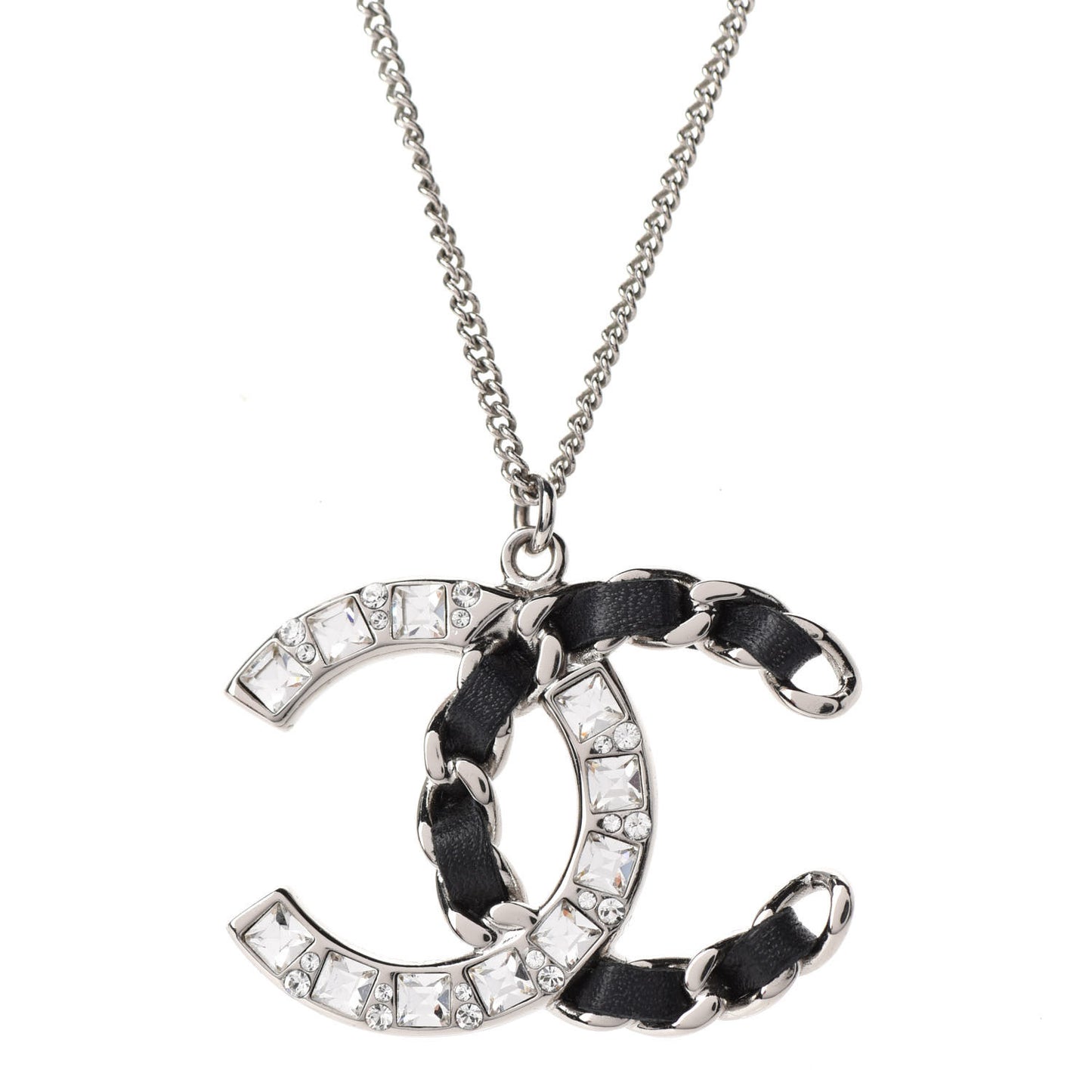 Lambskin Baguette Crystal CC Necklace Black Silver