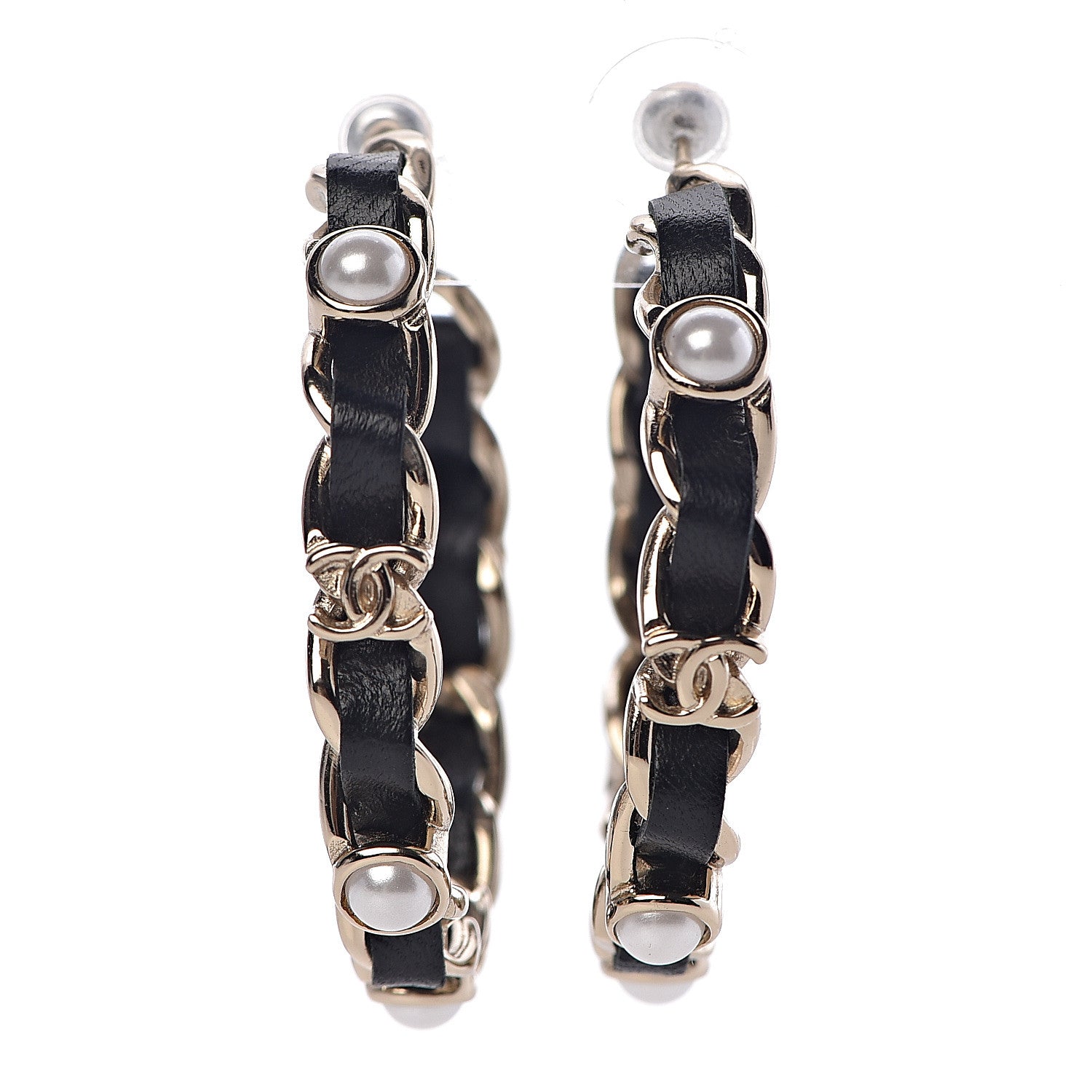 Chanel Lambskin Pearl CC Chain Hoop Earrings Gold Black 1 of 5