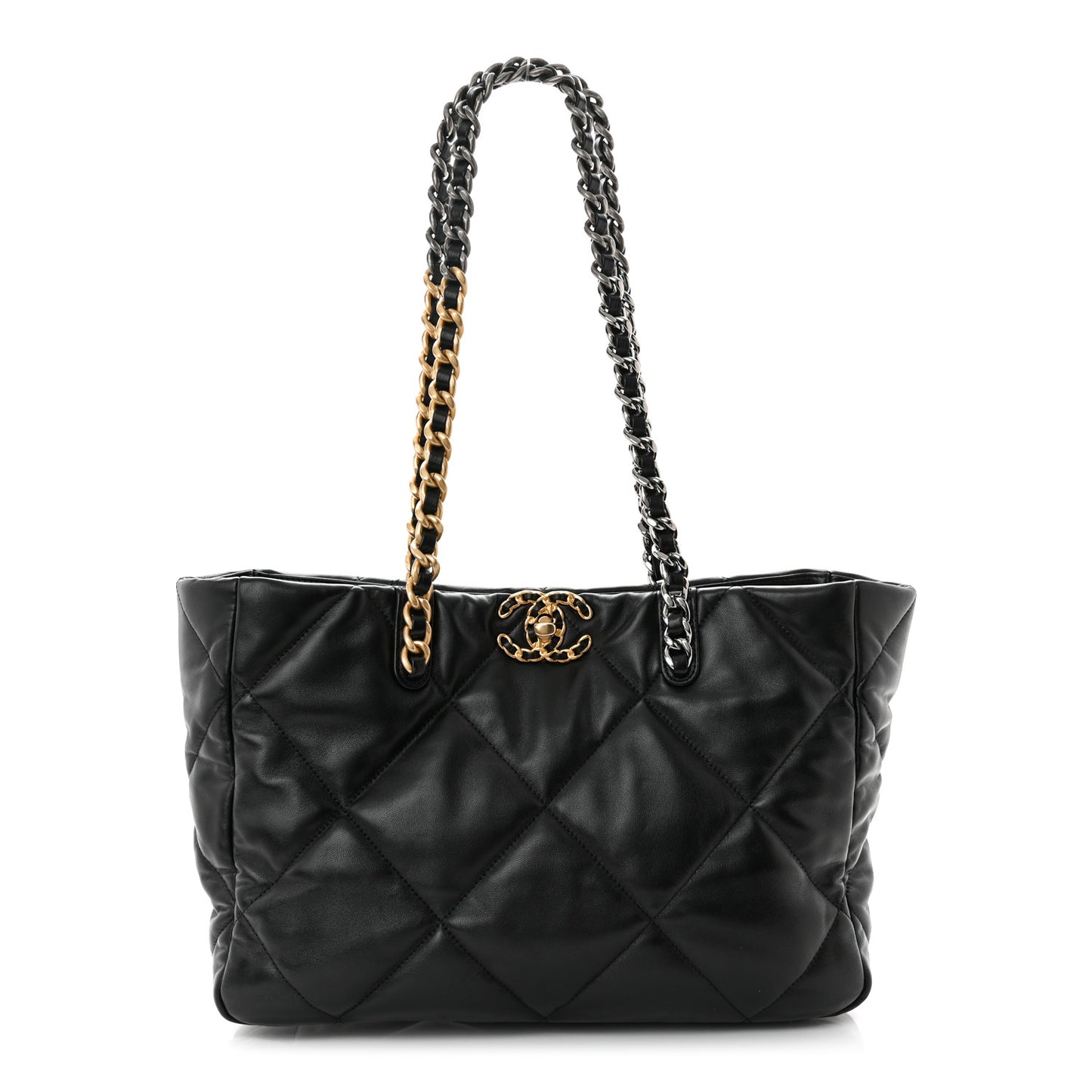 Lambskin Quilted Chanel 19 East West Shopping Bag Black