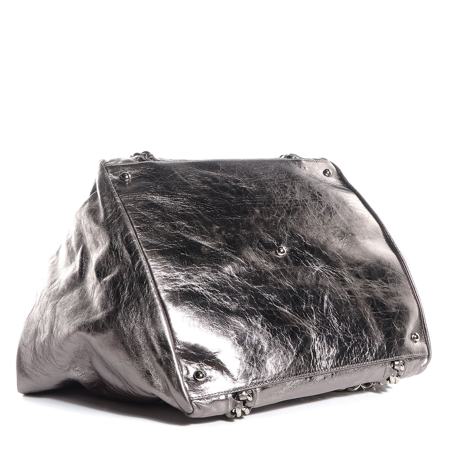 Metallic Cracked Calfskin Modern Chain Tote Dark Silver