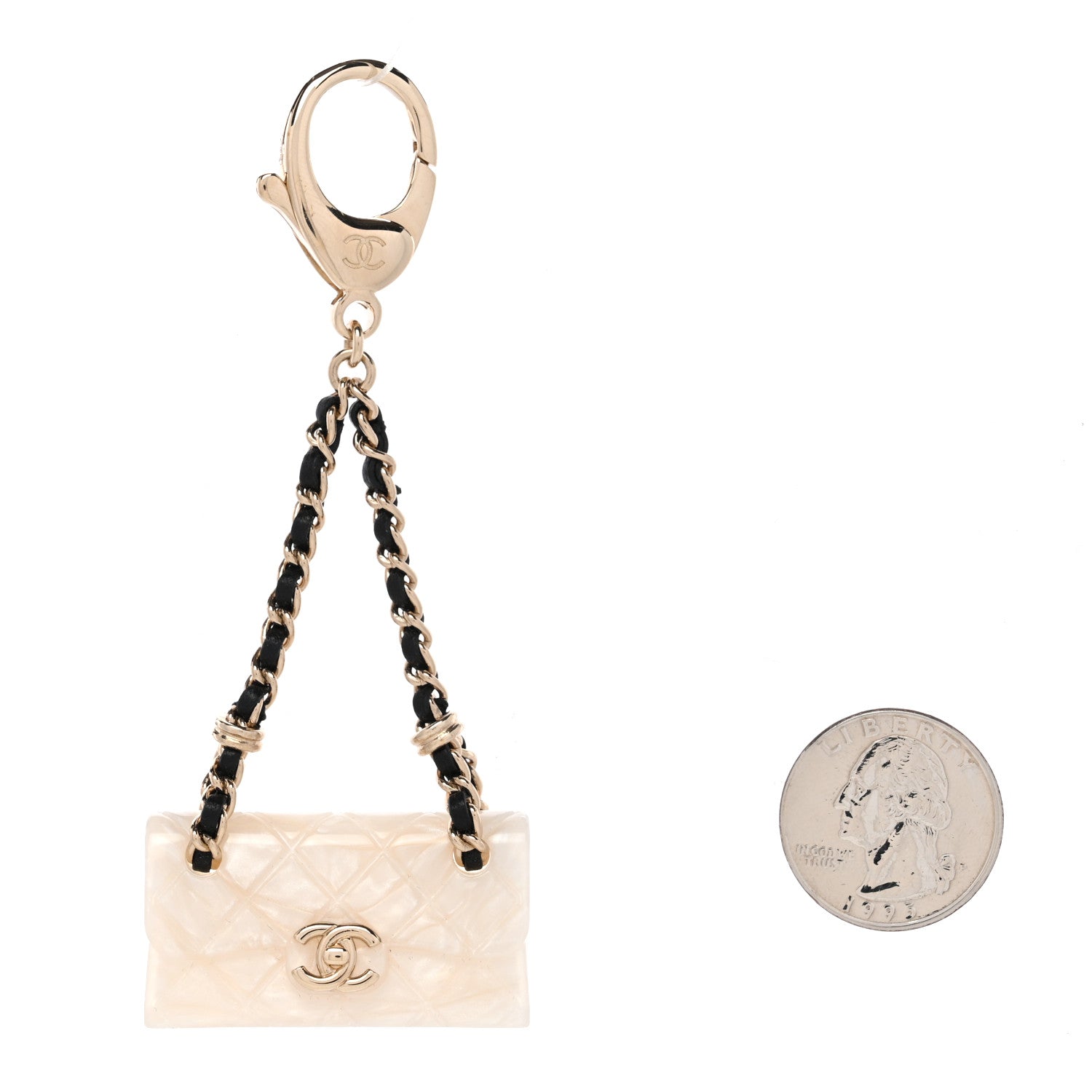Chanel Metal Resin Calfskin CC Quilted Flap Bag Charm Gold White