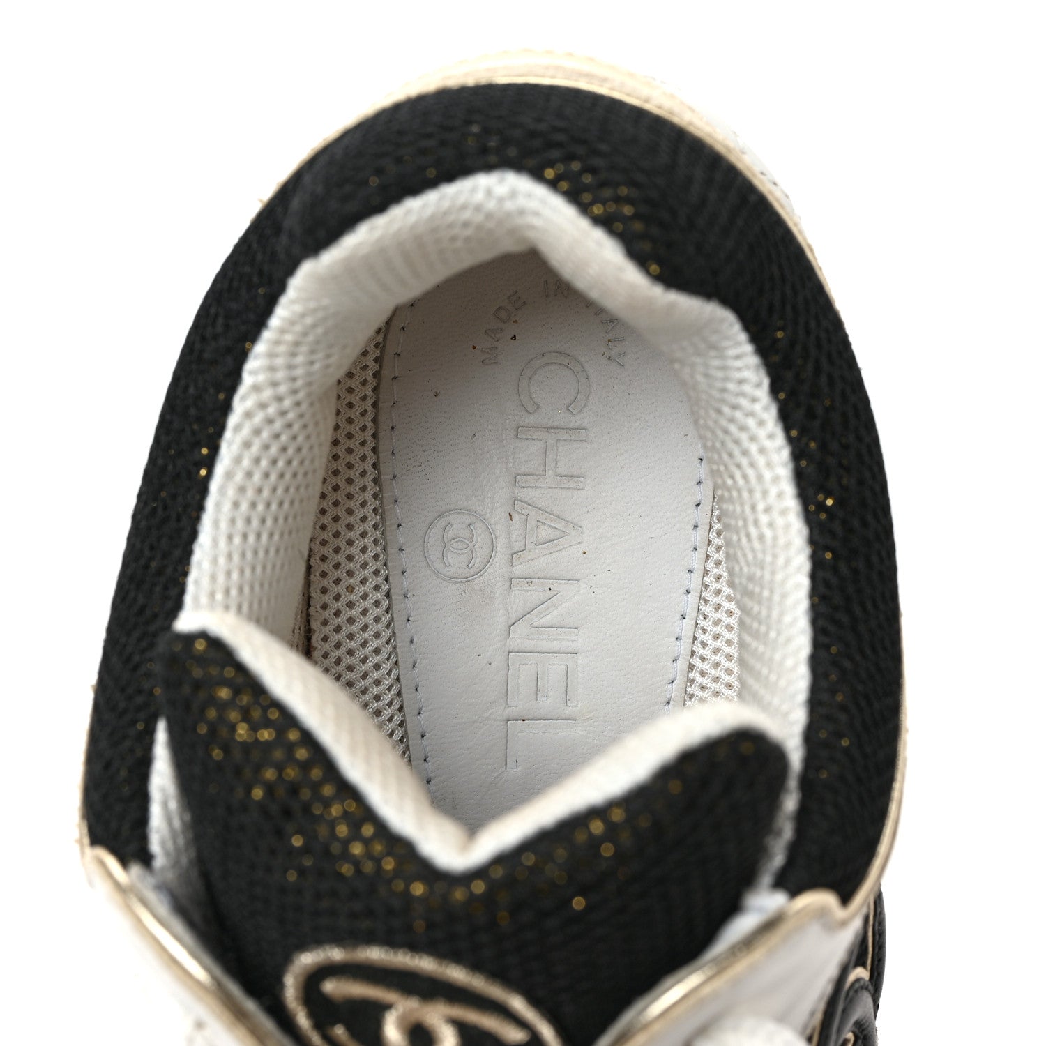 Chanel Mesh Suede Calfskin Womens CC Sneakers 39 White Black Beige Gold 7 of 8