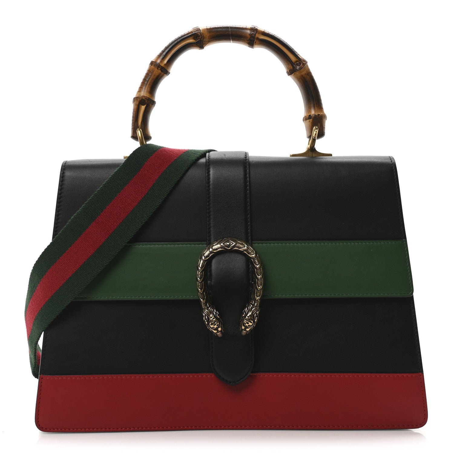 Gucci Calfskin Bamboo Web Large Dionysus Top Handle Bag Black Bright Evergreen Hibiscus Red 1 of 10