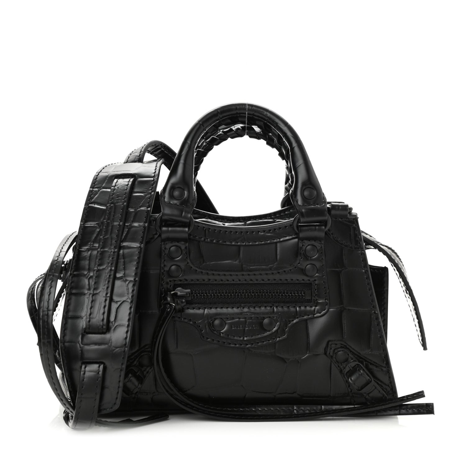 Semi Shiny Calfskin Crocodile Embossed Neo Classic Black Hardware Mini City Black