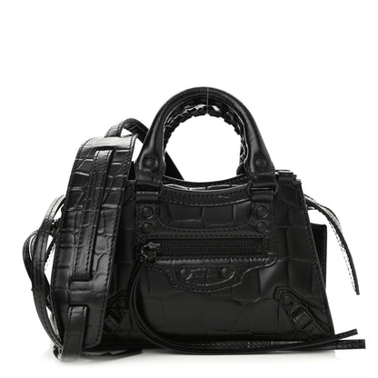 Balenciaga Semi Shiny Calfskin Crocodile Embossed Neo Classic Black Hardware Mini City Black 1 of 8