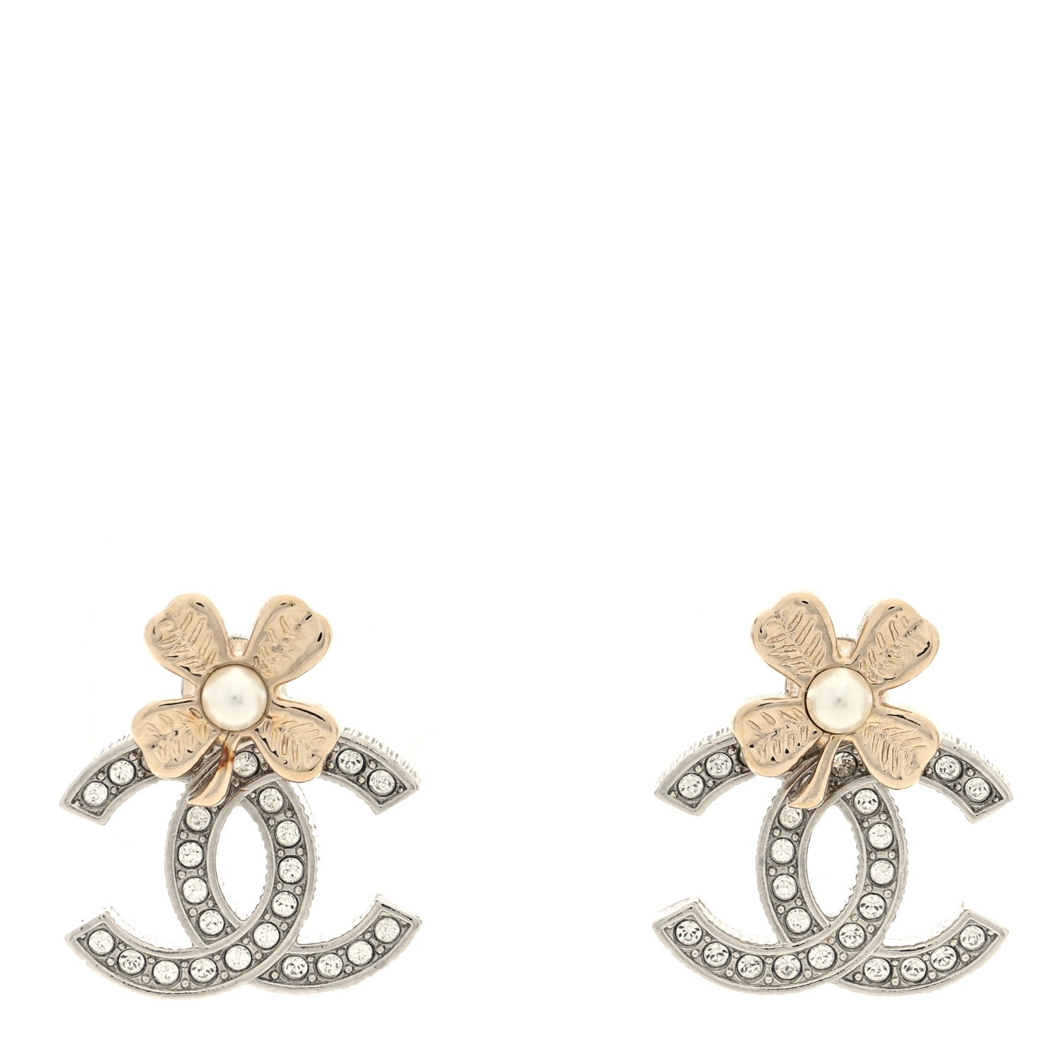 Chanel Crystal CC Clover Earrings Silver Gold 1 of 5
