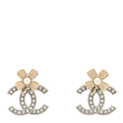 Chanel Crystal CC Clover Earrings Silver Gold 1 of 5