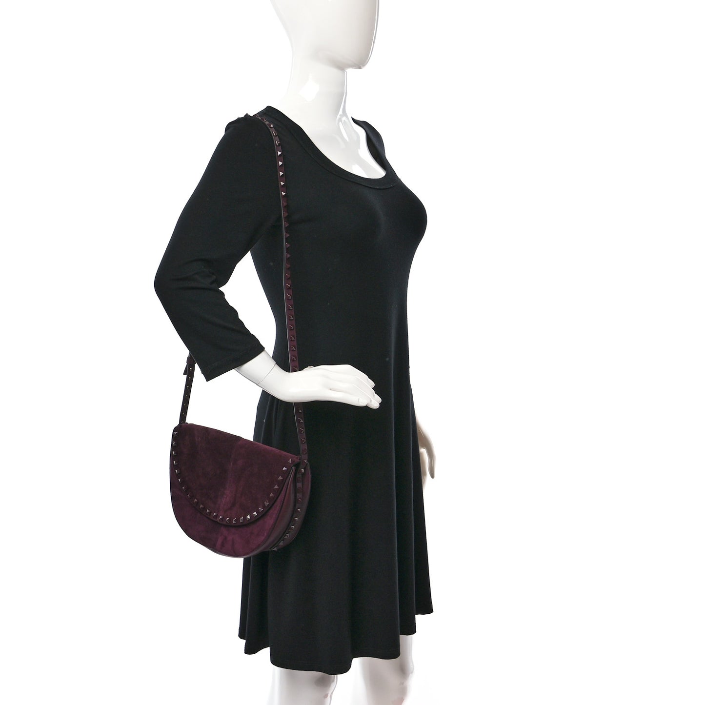 Suede Calfskin Rockstud Halfmoon Saddle Bag Rubin