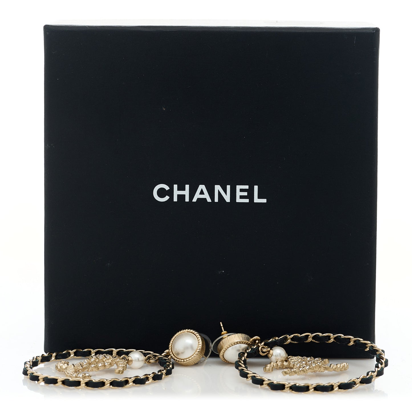 Lambskin Crystal Pearl CC Drop Earrings Gold Black