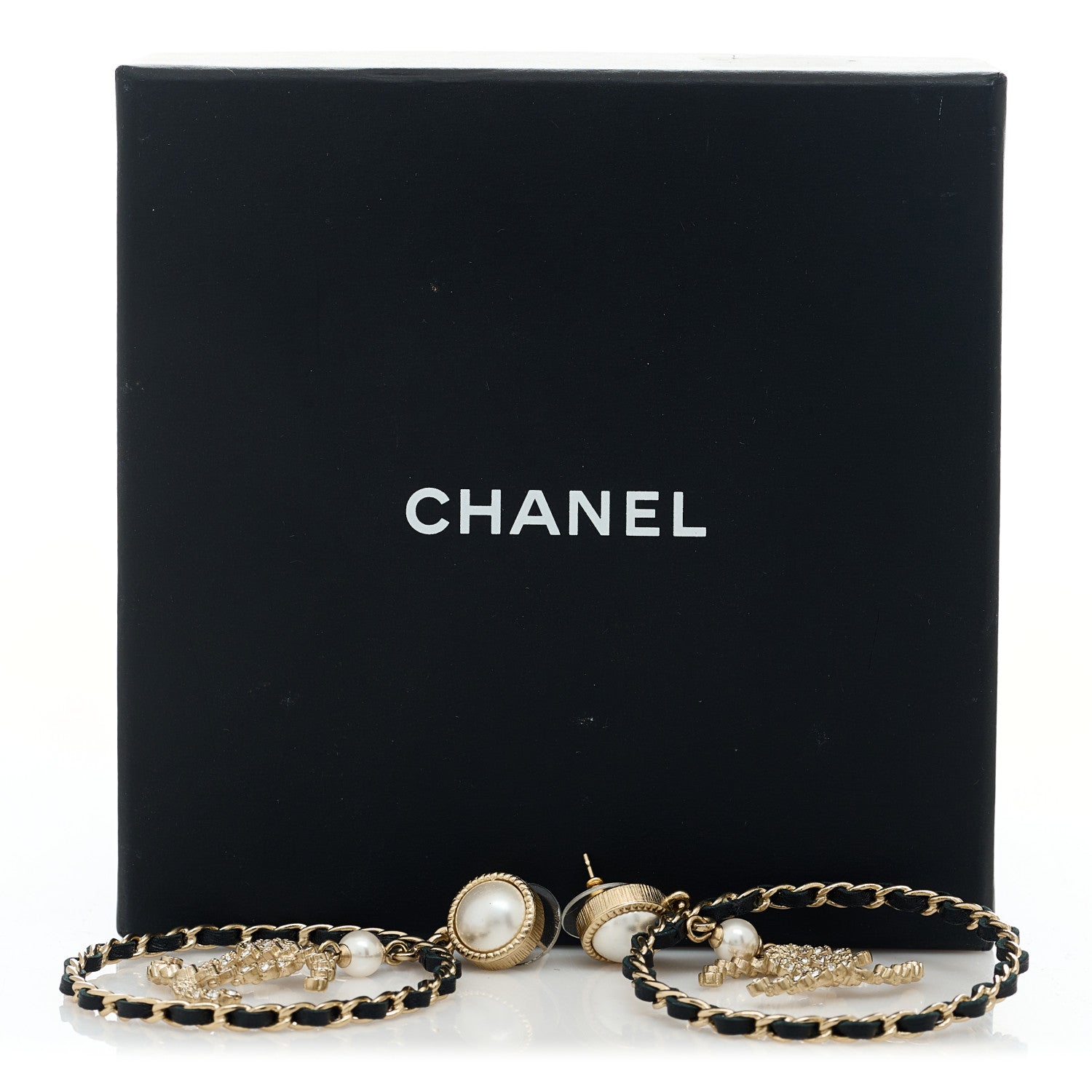 Chanel Lambskin Crystal Pearl CC Drop Earrings Gold Black 5 of 5