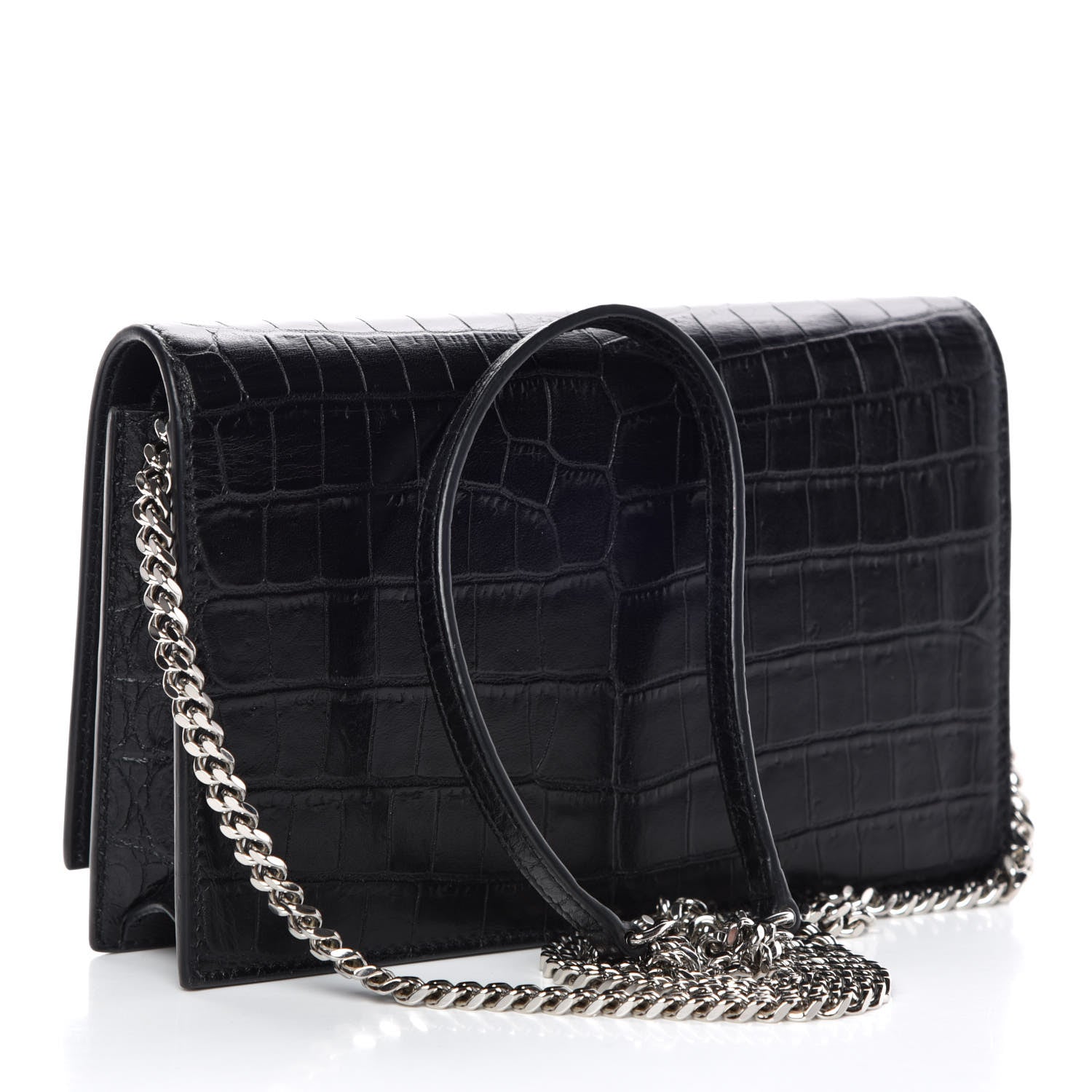 Saint Laurent Calfskin Crocodile Embossed Kate Monogram Tassel Chain Wallet Black 3 of 8
