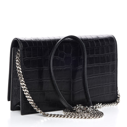 Saint Laurent Calfskin Crocodile Embossed Kate Monogram Tassel Chain Wallet Black 3 of 8