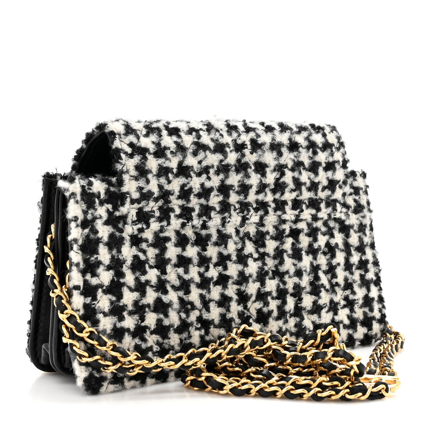 Tweed Houndstooth Quilted Phone Holder Flap White Black