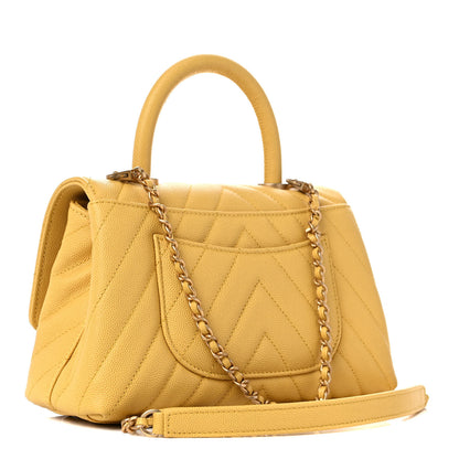 Chanel Caviar Chevron Quilted Mini Coco Handle Flap Yellow 3 of 9