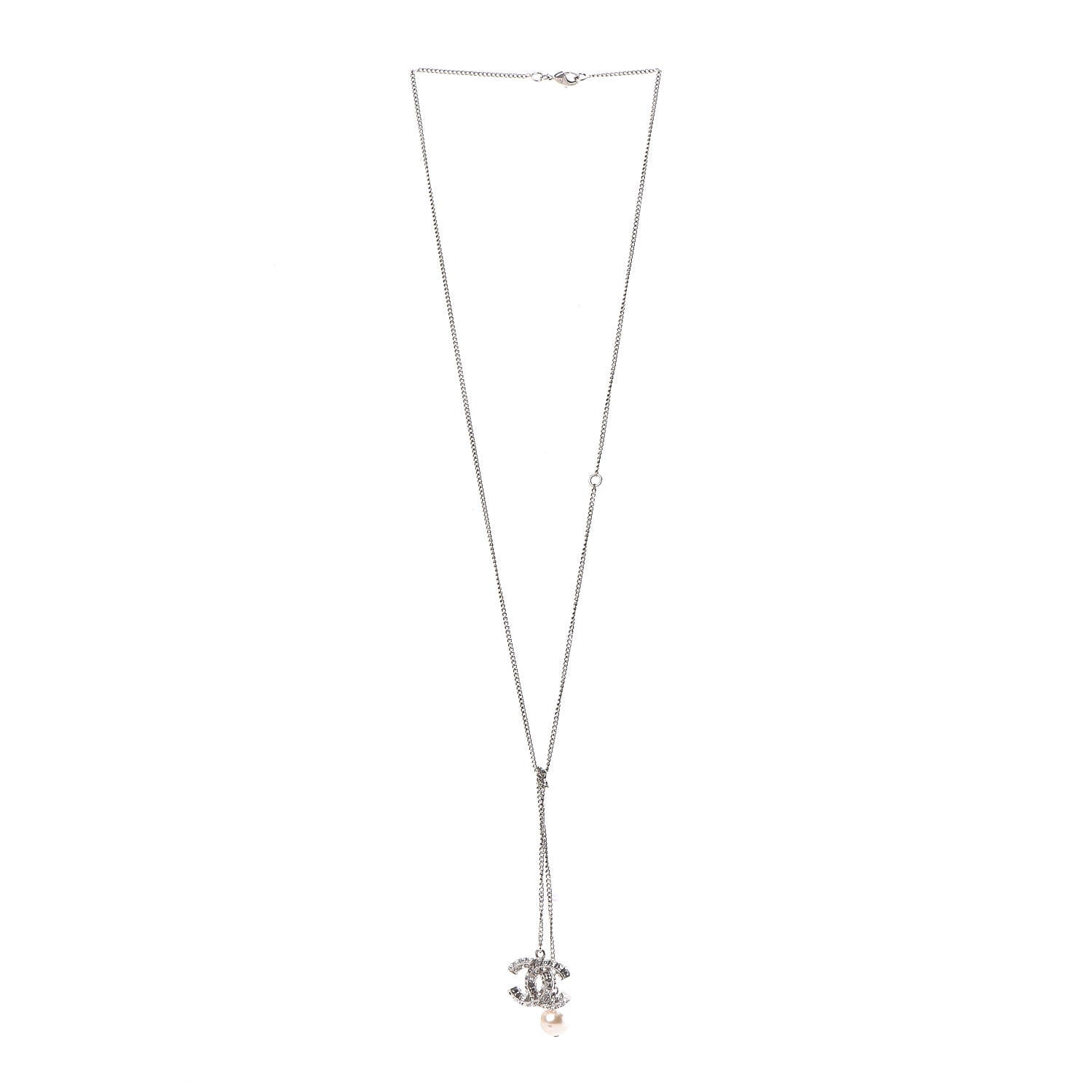 Chanel Baguette Crystal Pearl CC Lariat Necklace Silver 3 of 4