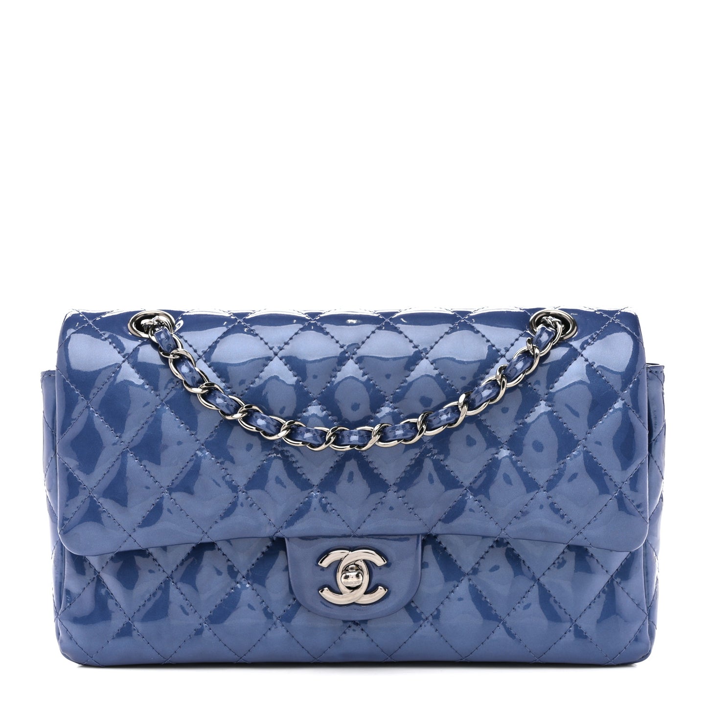 Patent Quilted Medium Double Flap Blue