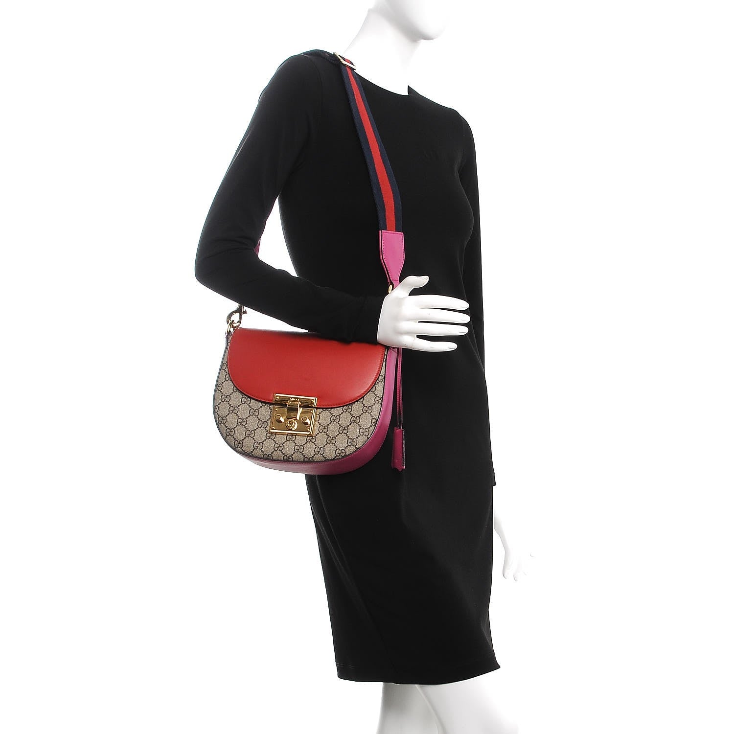 Gucci GG Supreme Monogram Calfskin Web Medium Padlock Messenger Shoulder Bag Beige Hibiscus Red New Rosette 2 of 10