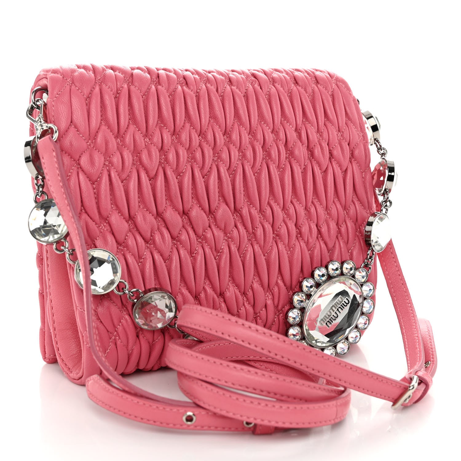 Miu Miu Nappa Matelasse Crystal Chain Crossbody Geranio 3 of 9