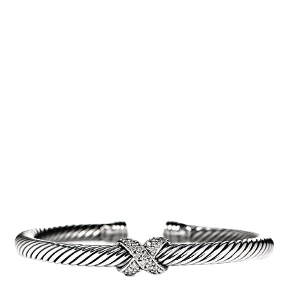 David Yurman Sterling Silver 18K White Gold Diamond Pave 5mm X Cable Bracelet 1 of 3