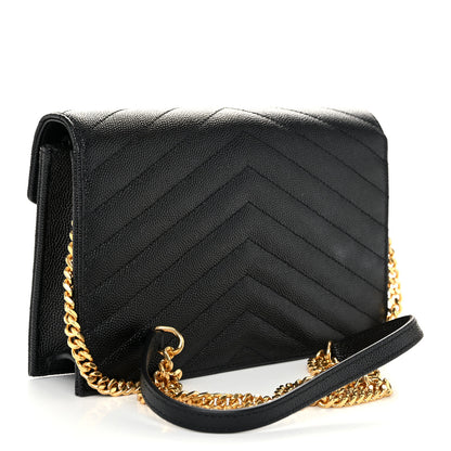 Saint Laurent Grain De Poudre Matelasse Chevron Monogram Envelope Chain Wallet Black 3 of 10